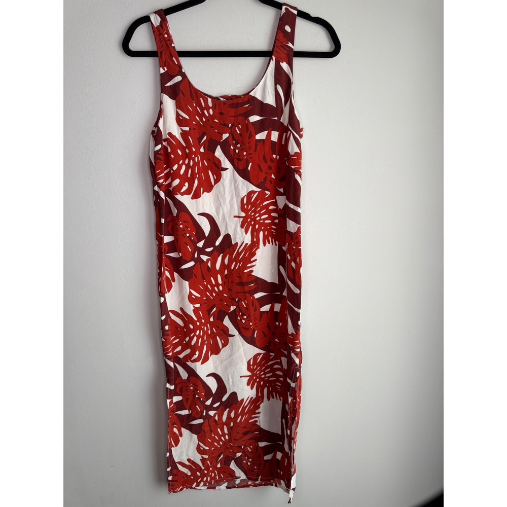 Mikoh Red White Monstera Leaf Tropical 100% Silk Midi Shift Dress Size 1